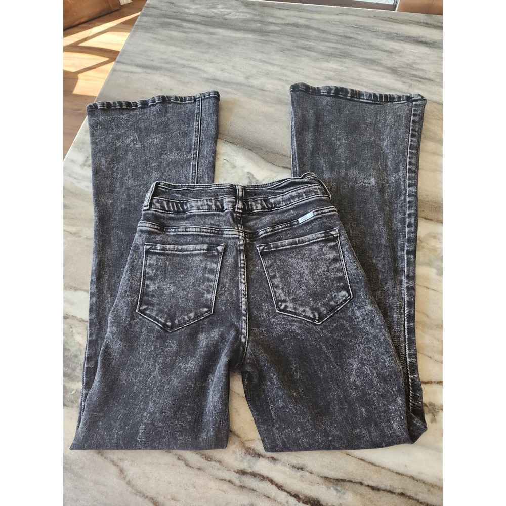 KanCan Womens High Rise Double Button Flare Jeans Black Acid Wash Sz 25